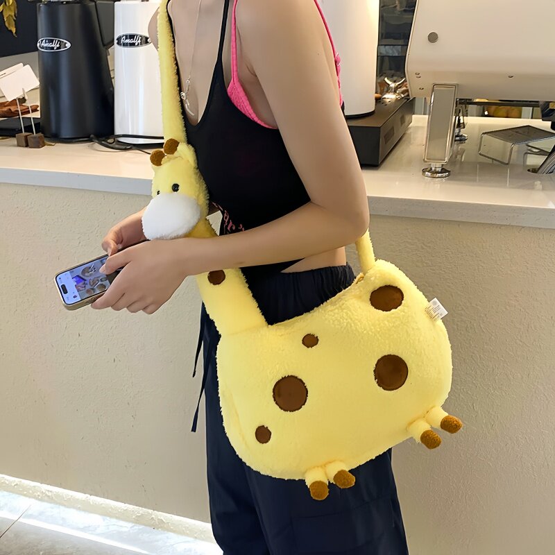 韩版可爱卡通长颈鹿毛绒单肩包软萌少女心大容量通勤斜跨包玩偶包