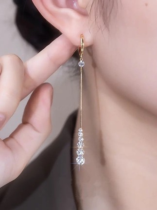 日韩超闪锆石水滴流苏耳扣女小众设计感耳环高级感轻奢气质显脸瘦