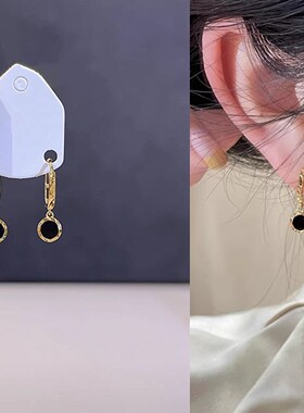 s925银针耳饰黑色珐琅圆形耳扣女轻奢高级感时尚气质简约百搭耳环