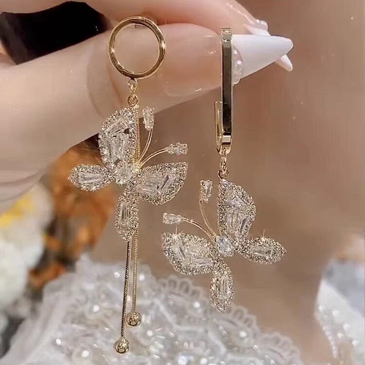 s925银针不对称蝴蝶流苏耳环