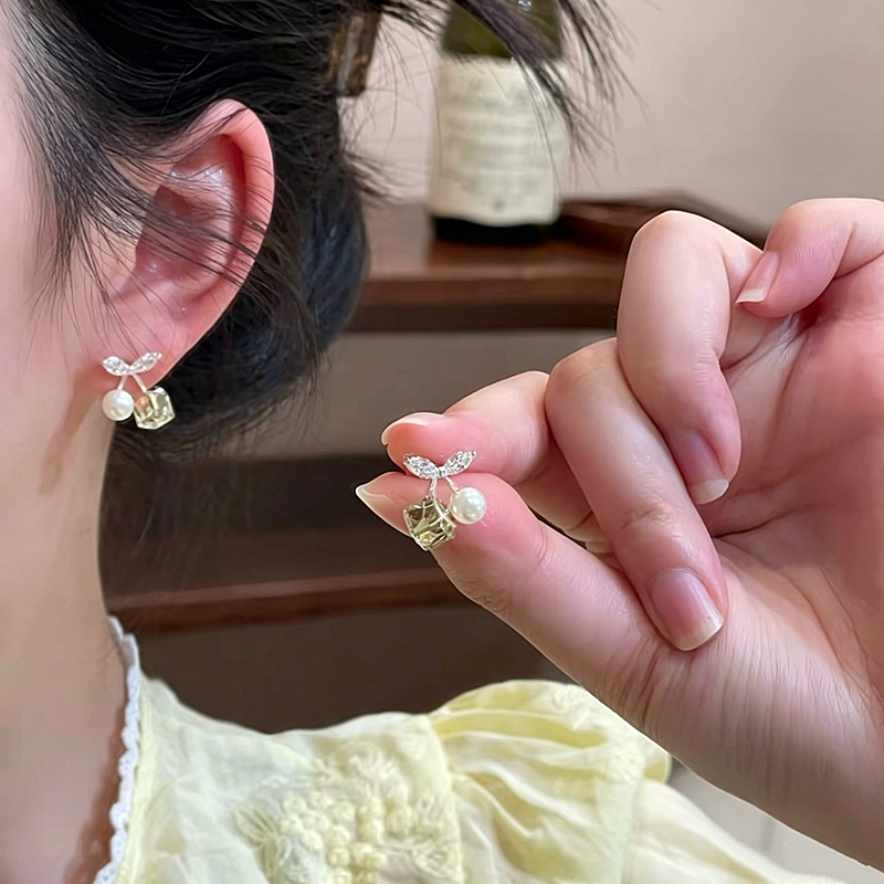 柠檬黄方糖珍珠水晶樱桃耳钉女