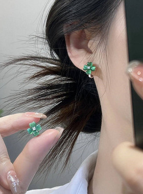 s925银针耳饰绿色猫眼石花朵耳扣女轻奢小众高级时尚气质百搭耳环