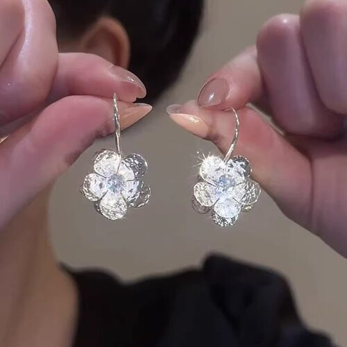 s925银针耳饰银色金属花瓣耳钩女