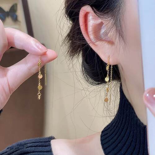 s925银针耳饰金色亮片流苏耳线女