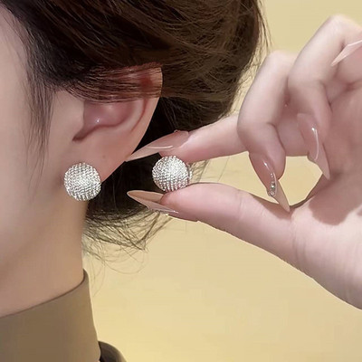 s925银针超闪满钻圆球耳扣耳环