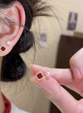 s925银针耳饰红色方形珍珠耳钉四件套轻奢高级感气质氛围感耳环女