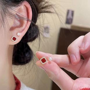 s925银针耳饰红色方形珍珠耳钉四件套轻奢高级感气质氛围感耳环女