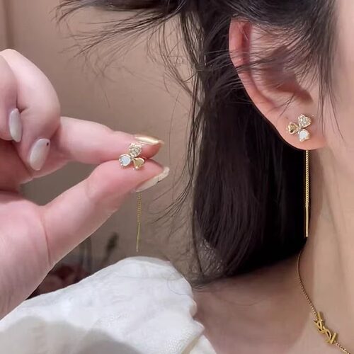 s925银针耳饰金色三叶草流苏耳线