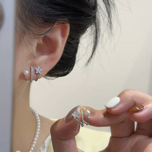 s925银针微镶三爪星星珍珠耳钉