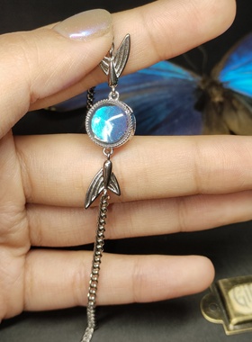 大蓝闪蝶真蝴蝶标本镀银手链大戒面精致ins设计生日礼物送女友