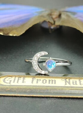 大蓝闪蝶真蝴蝶标本镀银戒指大气月亮精致ins设计生日礼物送女友