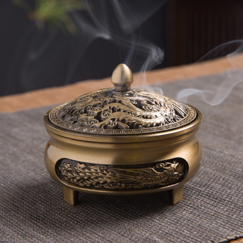 三足雕花铜香炉纯铜盘香炉仿古禅意茶道檀香熏香炉家用室内香薰炉