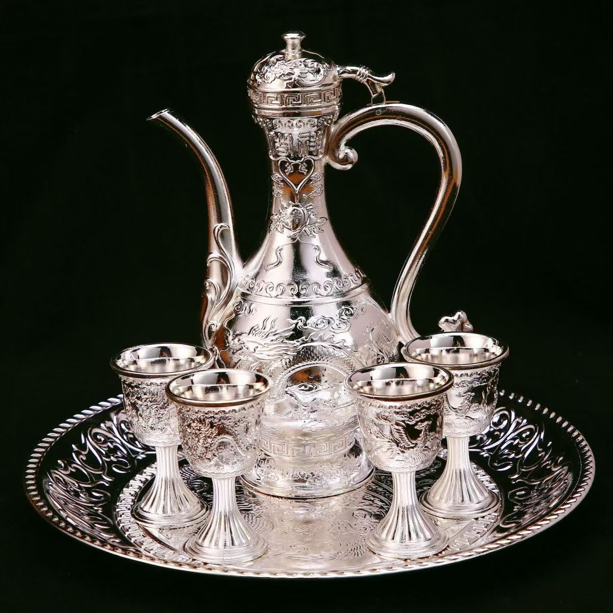 百福银酒具创意酒杯鎏银酒壶套装电铸工艺礼品创意居家复古式茶壶