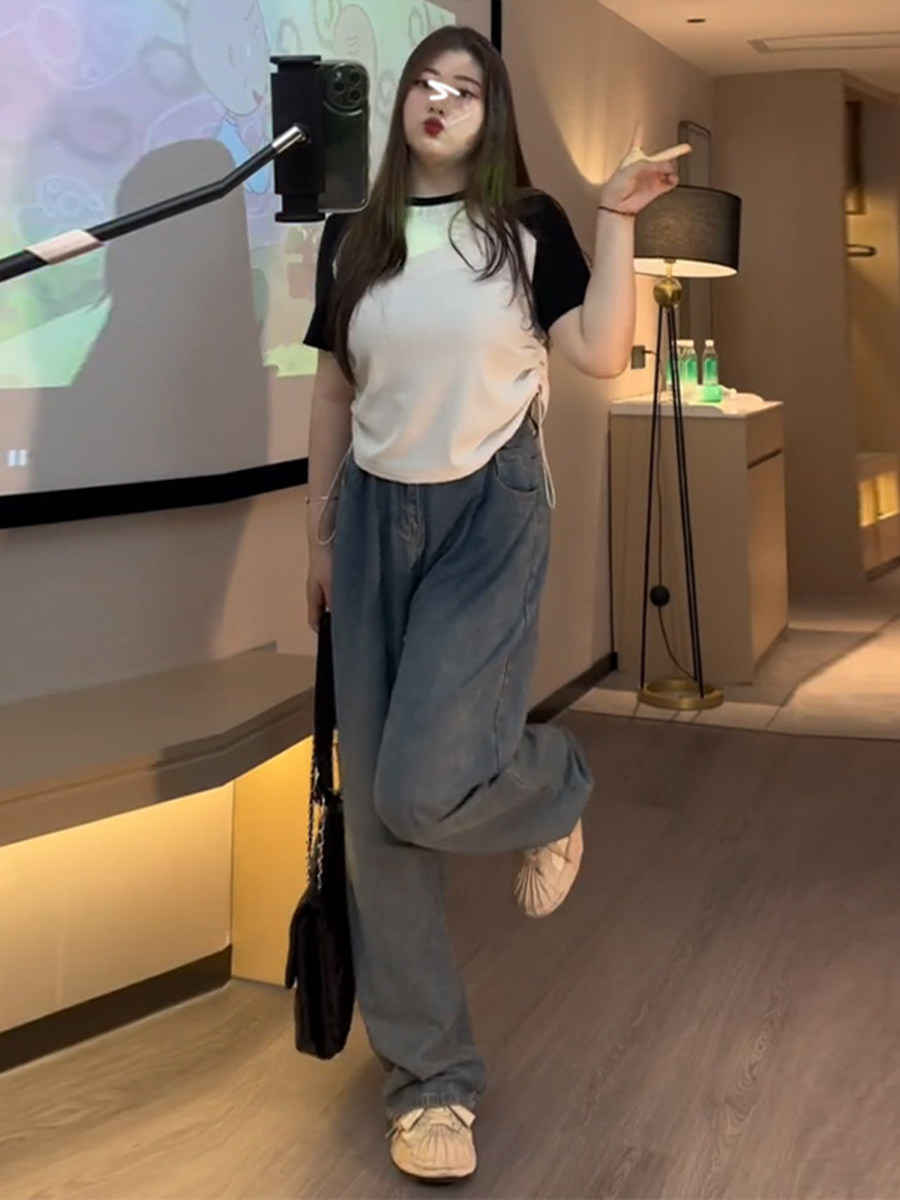 PLUS SIZE SHOULDER-BLOCK T-SHIRT WOMENS SUMMER SLIGHTLY CHUBBY MM SLIM LOOSE AND VERSATILE DRAWSTRING PURE LUST BABES SHORT SLEEVE TOP