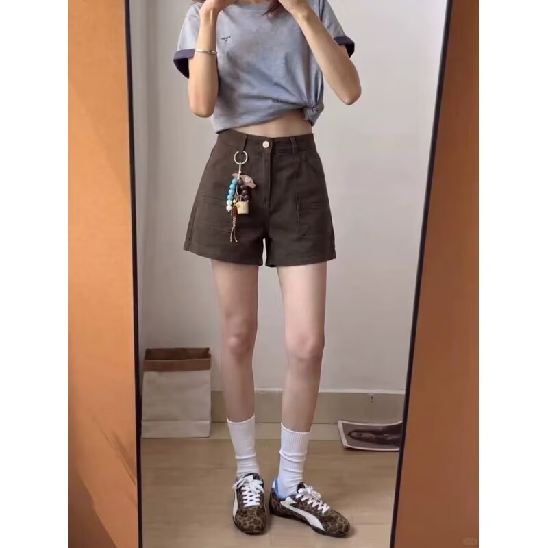 美式复古咖色显瘦a字阔腿热裤图片