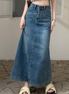 大码蓝色牛仔半身裙女春夏设计感开叉直筒裙子显瘦气质休闲长裙