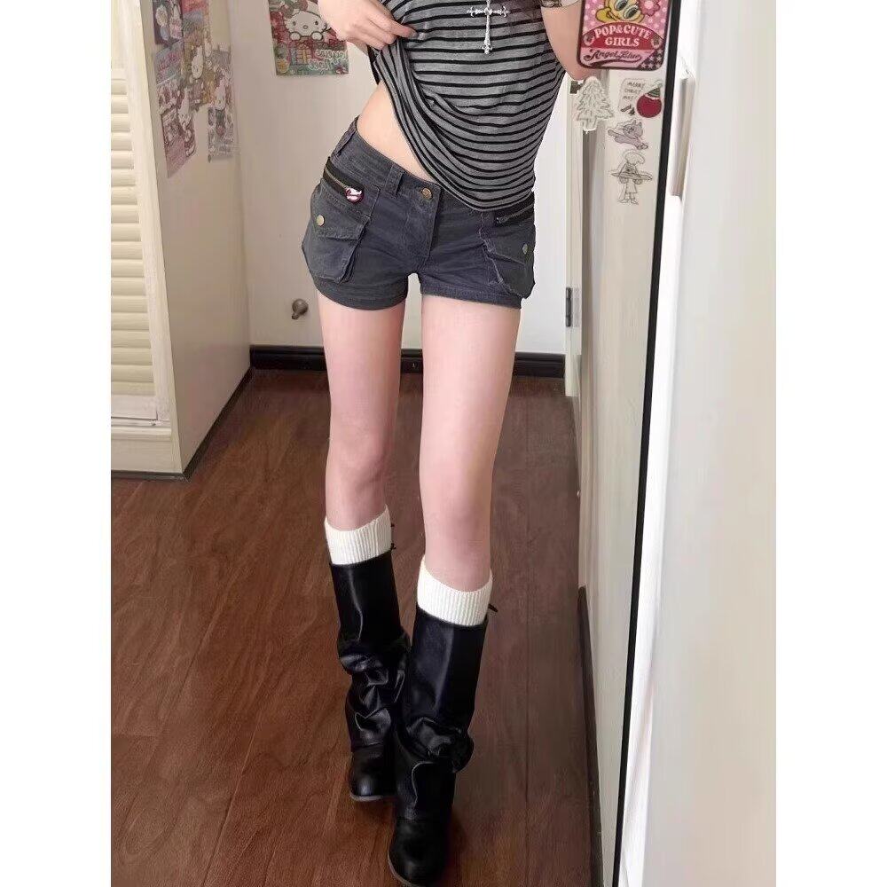 美式复古工装口袋牛仔短裤女2025夏季新款大码胖mm紧身修身包臀裤