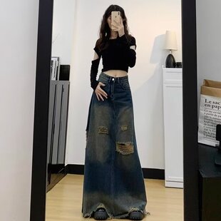 美式复古破洞牛仔半身裙女春夏高腰显瘦设计感小众大摆毛边a字裙