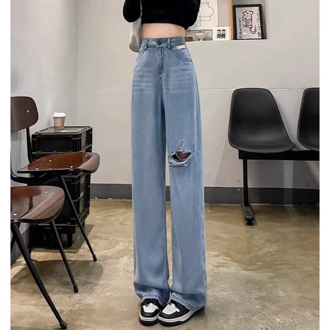 设计感破洞牛仔裤女阔腿裤2025年秋装新款高腰宽松显瘦直筒拖地裤,女装/女士精品,牛仔裤,淘宝优惠券,粉丝福利购,淘宝优惠卷