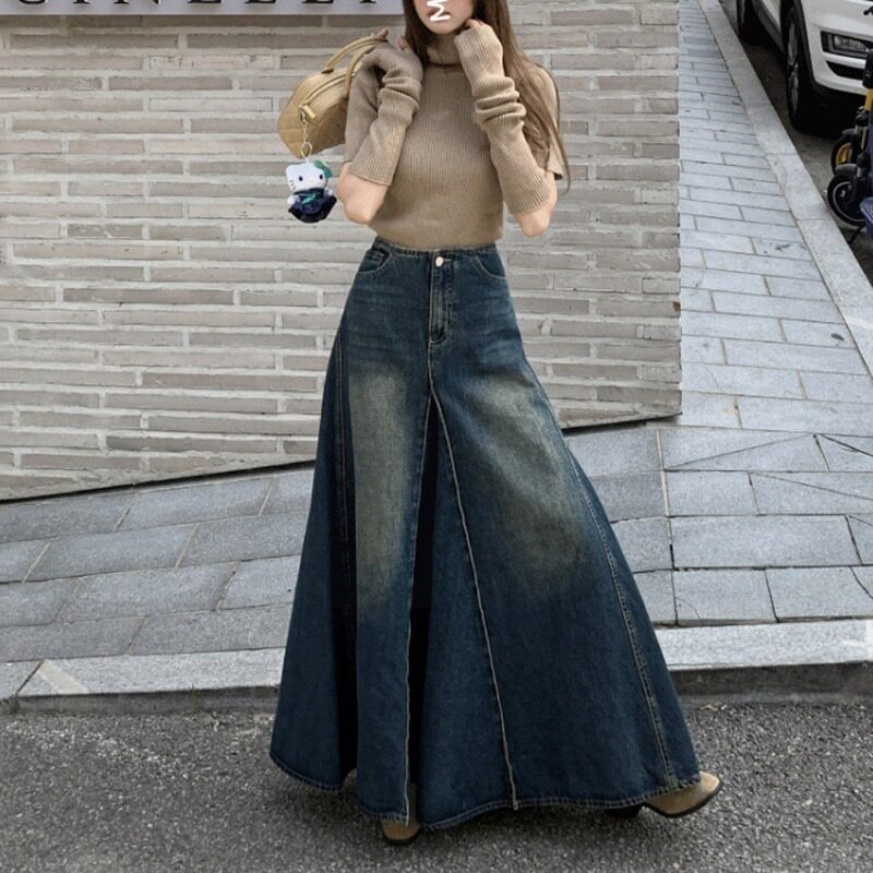 复古水洗牛仔半身裙女2025春秋新款高腰显瘦A字大裙摆拼接长裙子
