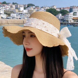 波浪边帽子女夏季法式蝴蝶结草帽大帽檐度假防晒遮阳帽海边沙滩帽
