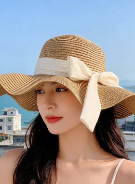 草帽女夏季防晒帽户外出游碎花遮阳帽海边度假大帽檐可折叠沙滩帽