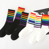 袜子女中筒彩虹秋冬纯棉ins网红韩版 黑白色潮堆堆长袜春夏季 条纹
