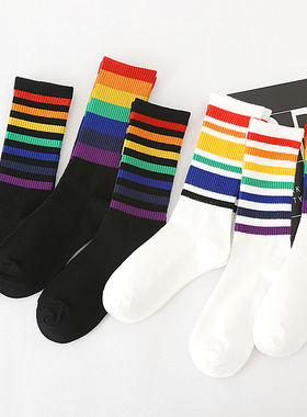 袜子女中筒彩虹秋冬纯棉ins网红韩版黑白色潮堆堆长袜春夏季条纹