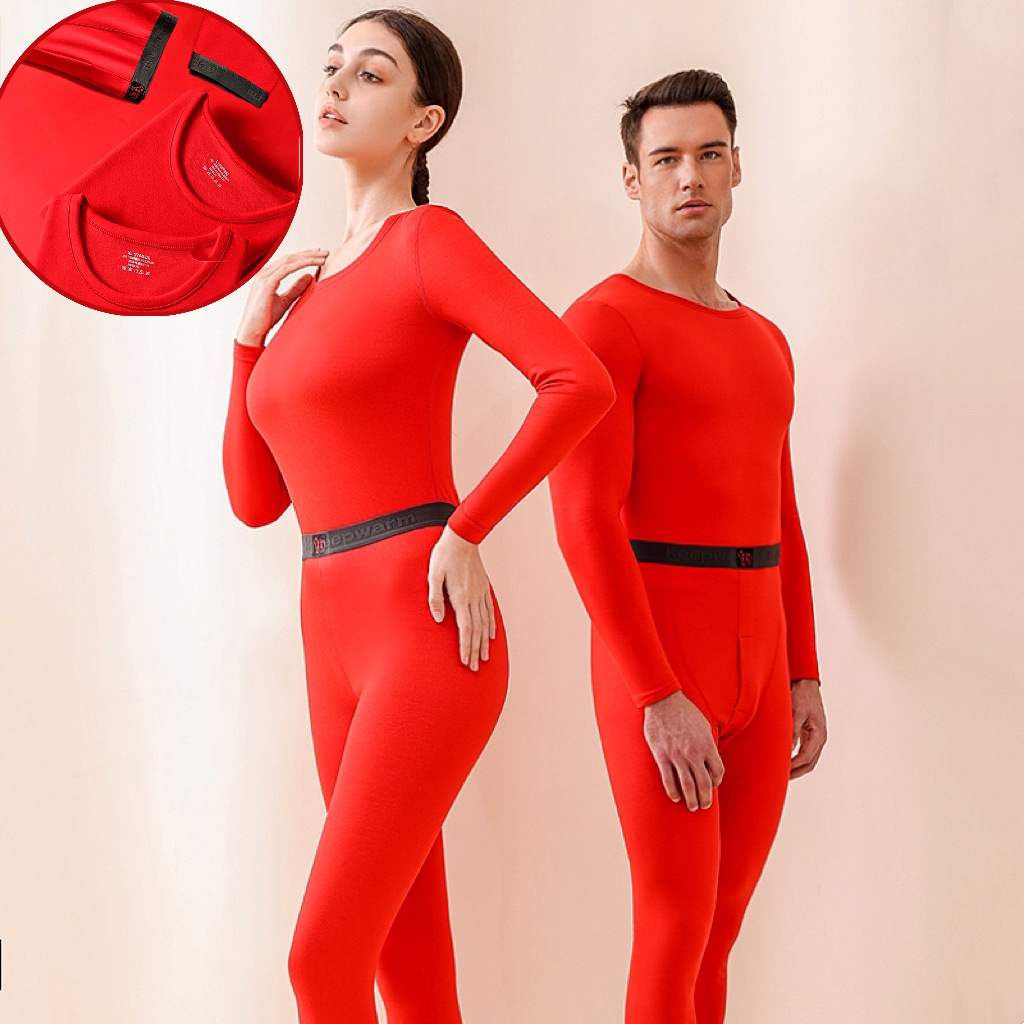 蚕丝德绒保暖内衣套装男女士情侣中国红本命年加绒加厚秋衣秋裤女