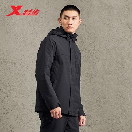 特步男子加绒加厚可拆帽2023冬季新款防风外套风衣男977429160246