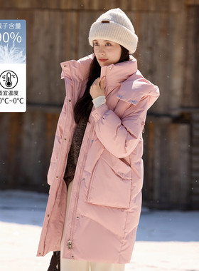 茵曼2025冬季新款加厚中长款鸭绒羽绒服女上衣宽松连帽外套面包服