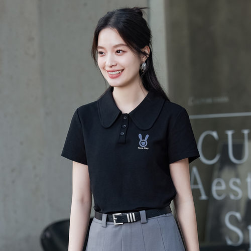 茵曼2026夏季新款娃娃领短袖t恤女显瘦正肩领独特超好看休闲上衣