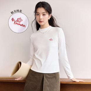 茵曼2026秋季新款正肩薄款长袖t恤女士半高领内搭打底衫爆款修身