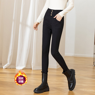 茵曼2025冬季新款加绒休闲裤子女士铅笔裤修身显瘦小脚黑色小个子