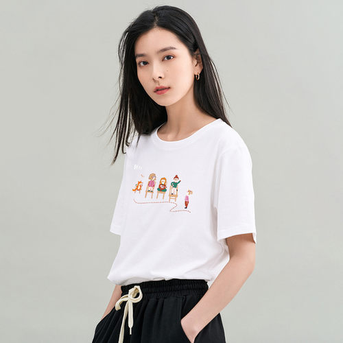 茵曼2026夏季新款纯棉短袖T恤印花圆领女百搭宽松版显瘦上衣爆款