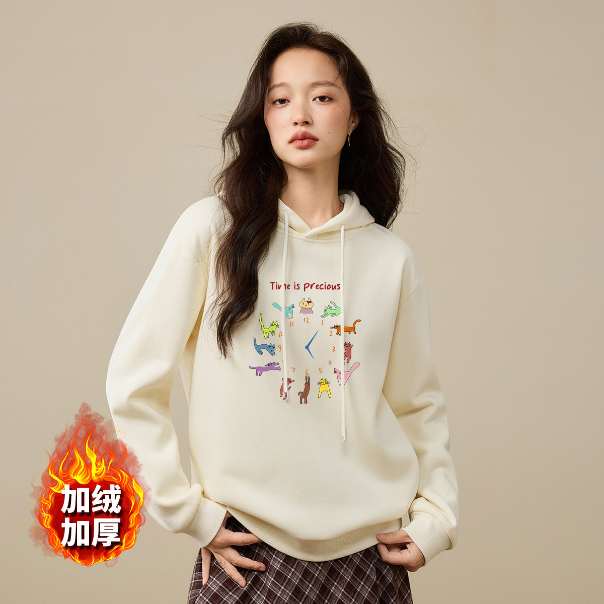 茵曼2025冬季新款加绒加厚保暖长袖卫衣外套女连帽宽松显瘦百搭