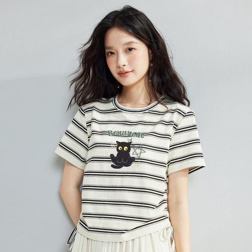 茵曼2026夏季新款条纹短袖T恤女正肩显瘦宽松独特超好看上衣爆款