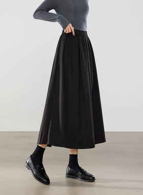 茵曼2025冬季新款中长款百褶半身裙女高腰修身显瘦A字黑色秋伞裙