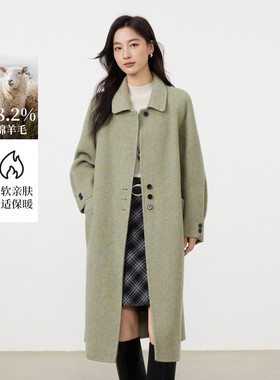 茵曼2025冬季新款中长款绵羊毛双面毛呢外套女士大衣宽松休闲时尚