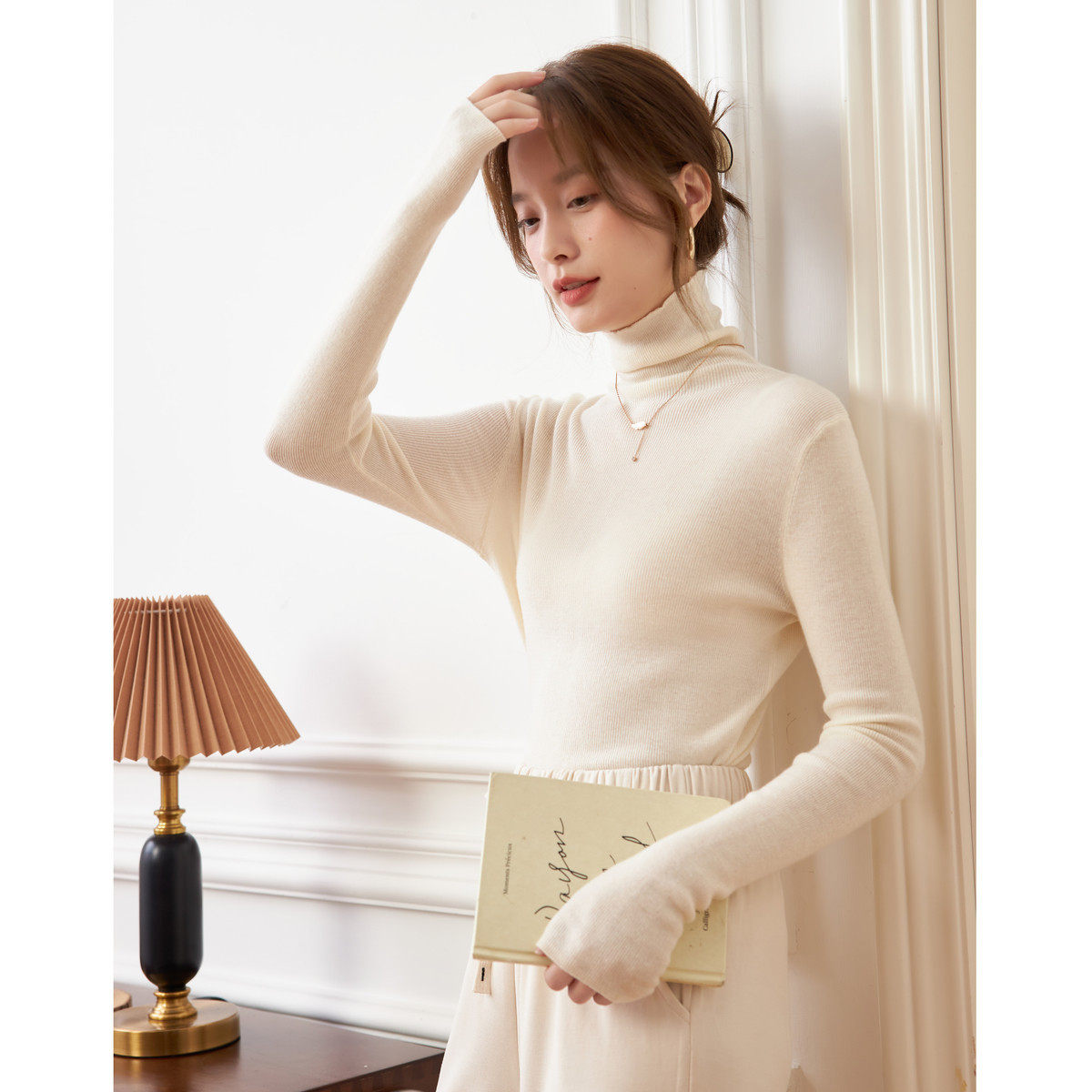 茵曼2025秋季新款修身长袖针织衫女休闲时尚显瘦高领早秋上衣打底