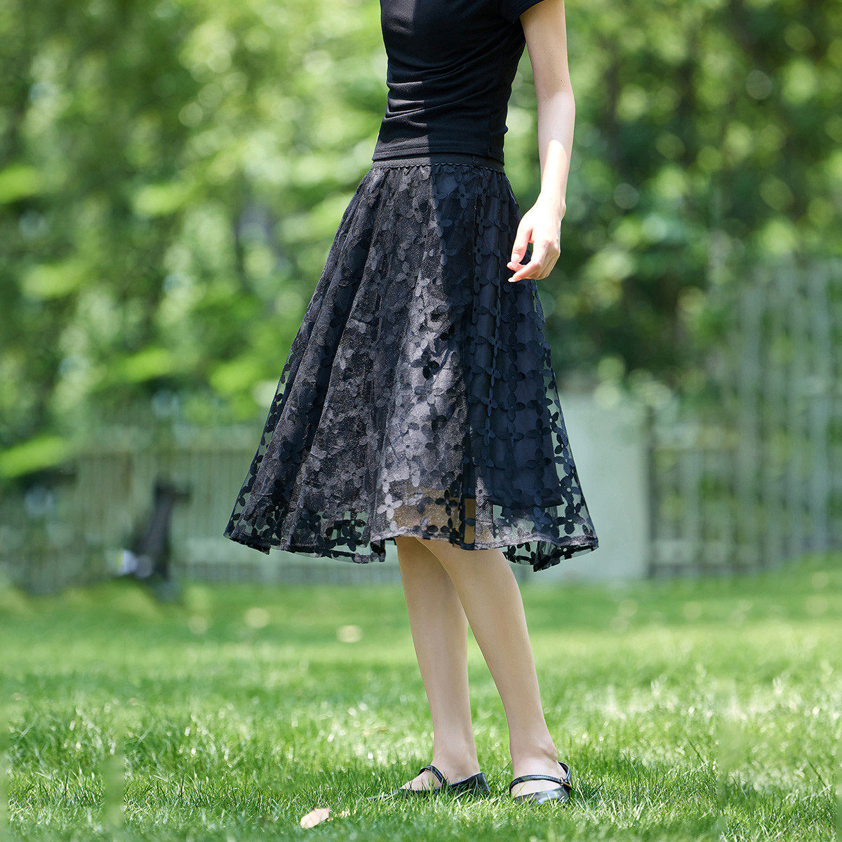 茵曼2025夏季新款气质系半身裙女长裙子黑色网纱轻薄今年流行爆款