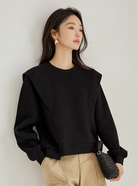 茵曼2026秋季新款长袖卫衣外套女士宽松圆领无帽运动休闲上衣黑色