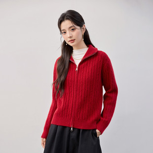 茵曼2026秋季新款红色毛衣长袖针织衫女士双拉链外套显瘦外穿开衫