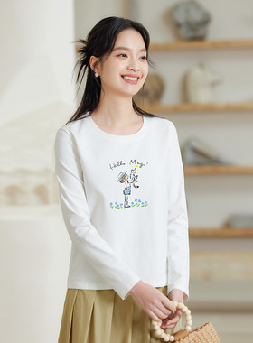 茵曼2025秋季新款长袖t恤正肩圆领休闲宽松显瘦上衣女百搭打底衫