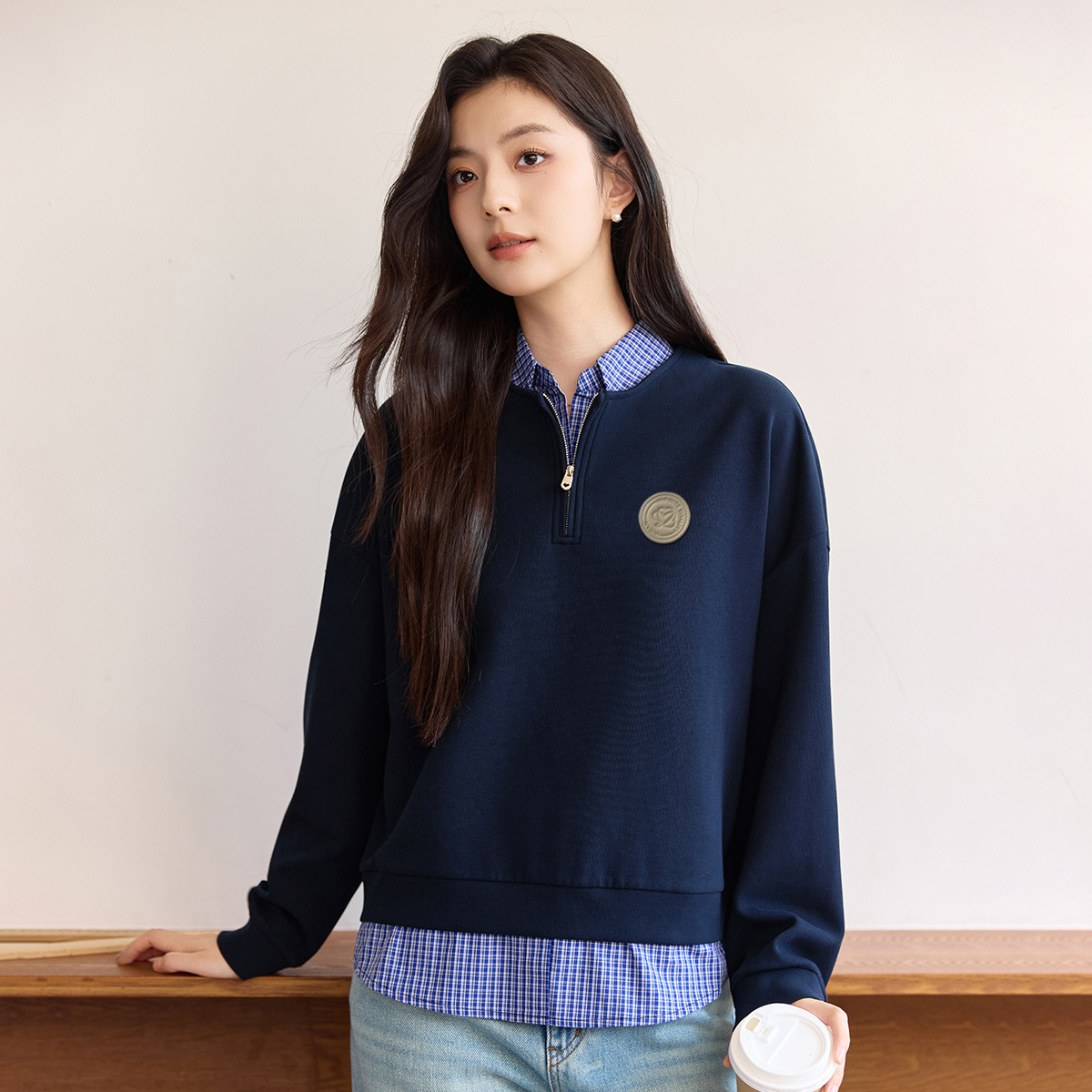 茵曼2026秋季新款卫衣外套女长袖宽松显瘦假两件拼接撞色百搭上衣