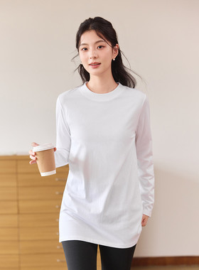 茵曼2025秋季新款纯棉长袖T恤女士正肩白色中长款打底衫上衣爆款