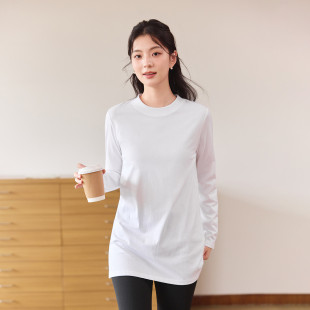 茵曼2025秋季新款纯棉长袖T恤女士正肩白色中长款打底衫上衣爆款
