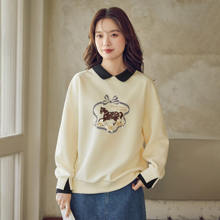 茵曼2026秋季新款长袖翻领无帽假两件卫衣女宽松polo拼接撞色外套