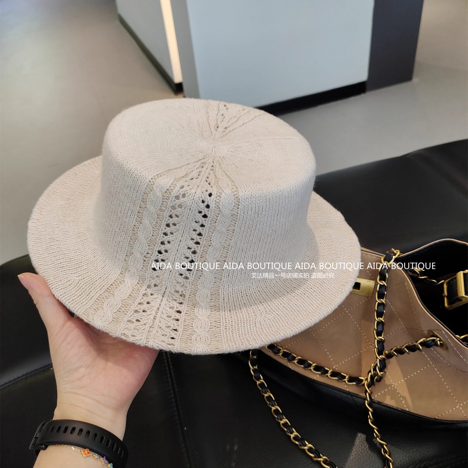 宅女同款镂空平顶帽子女羊毛针织帽显脸小宽檐礼帽艾达精品一号