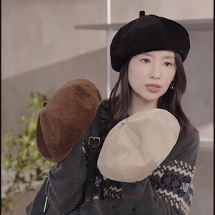 董洁同款灯芯绒帽子女秋冬保暖舒适简约纯色八角帽复古文艺贝雷帽